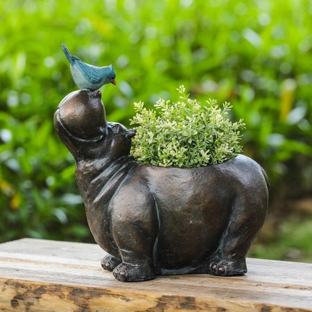 GRILLTOWN LuxenHme Brown Hippo and Blue Bird MgO Flower Pot Planter GR2684046